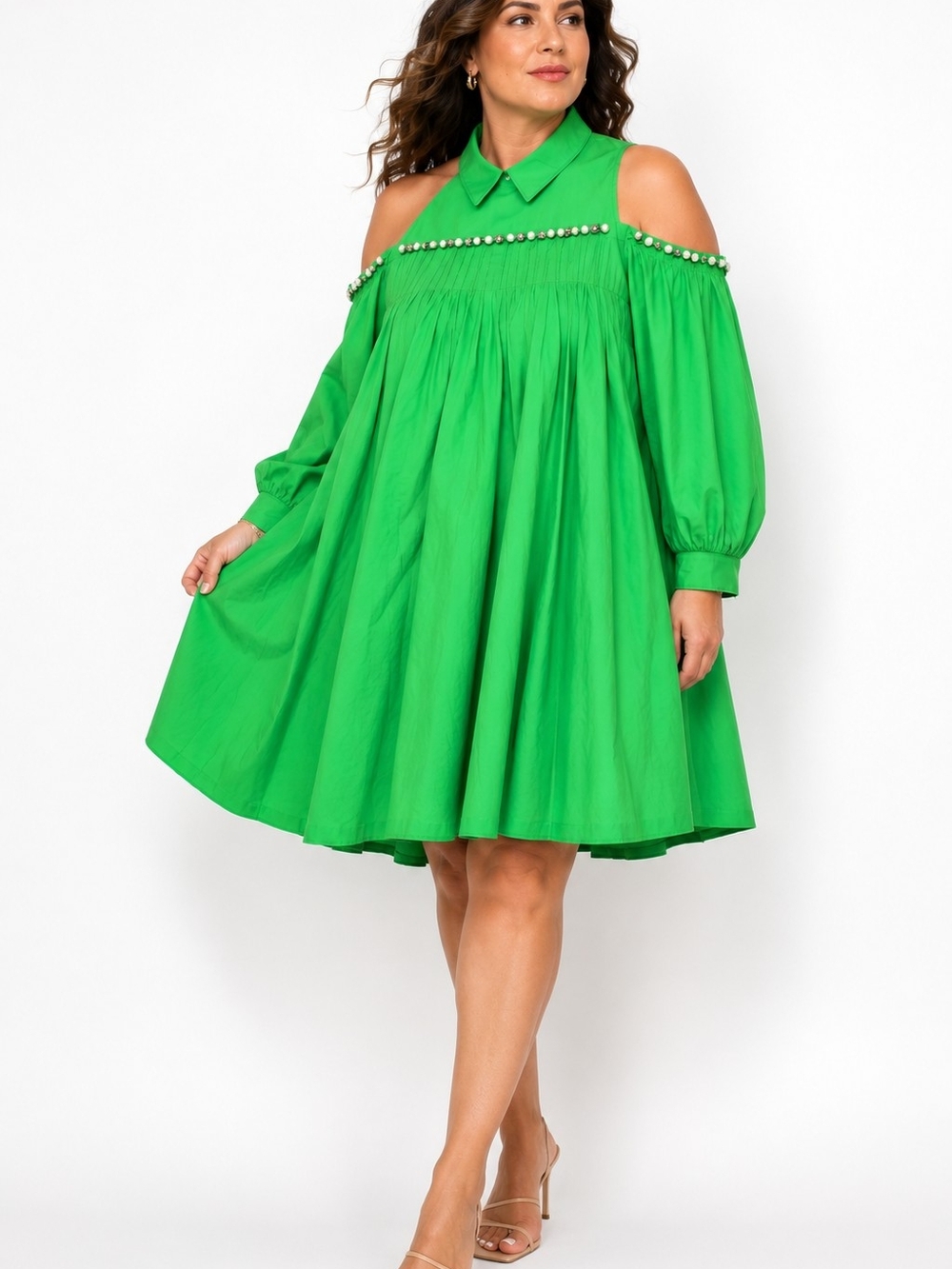 N By Nancy 3XL Jeweled Cold Shoulder Babydoll Swing Dress Kelly Green Statement